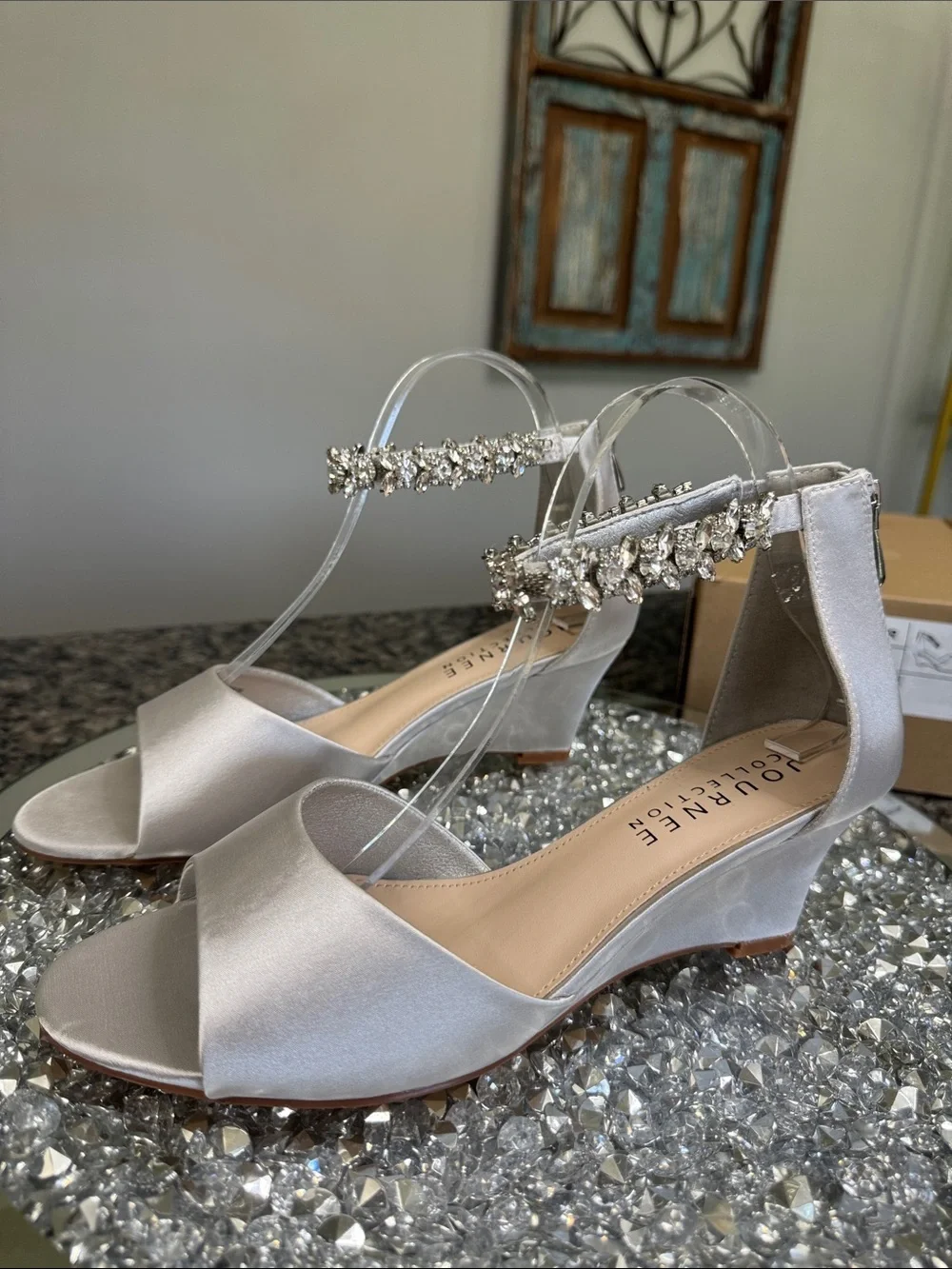 Journee Collection Conner Silver Satin Wedge Sandals Crystal Ankle Strap NEW 8.5